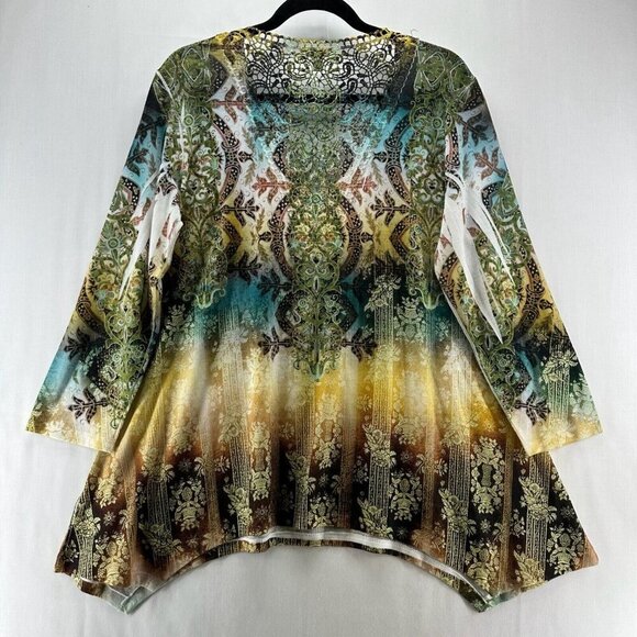 Reba Tunic Womens Sz L Burnout Ombre Lace Trim Asymmetric Long Sleeve Multicolor - Picture 2 of 10